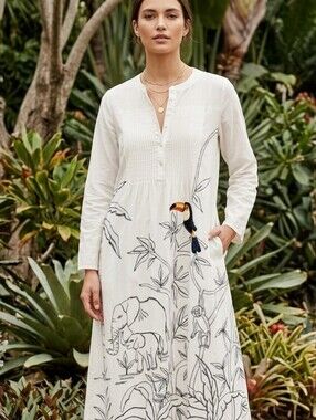 Purvi Doshi Hand-Embroidered Khadi Cotton "Parsi Jungle" Midi Dress - Size M